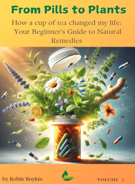 Book cover of 'From Pills to Plants' with a bottle of pills and natural remedies.