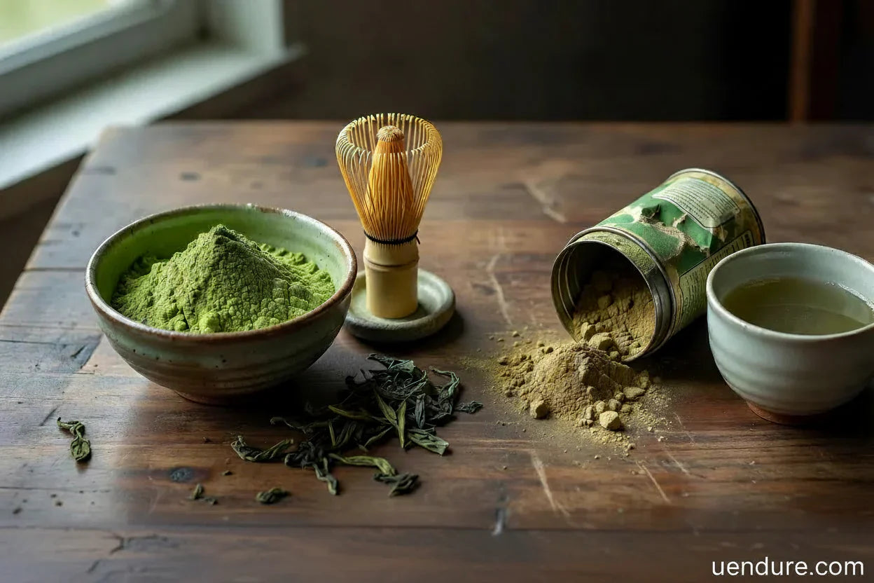 a wooden table with a bowl of matcha powder with a whisk and cup of brewed tea