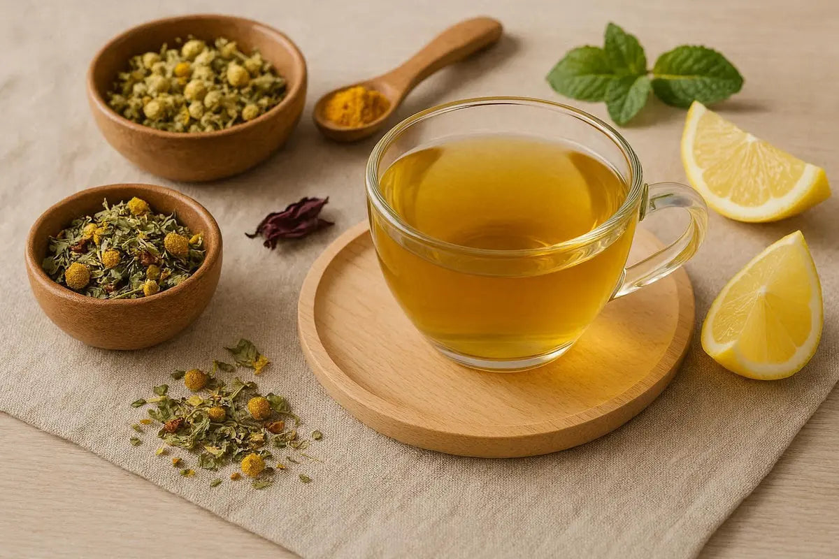 clear glass of herbal tea with bowls of chamomile, tea leaves and lemon wedges on table top
