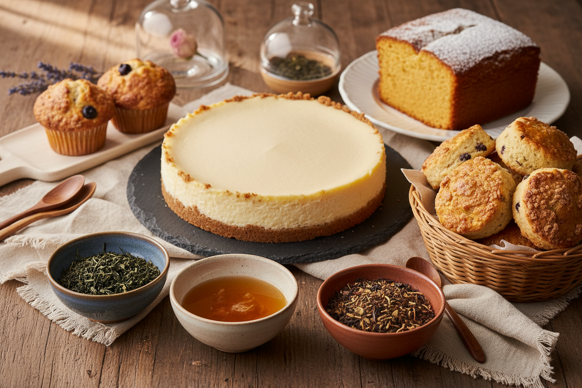table filled with delicious baked goods and cheesecake infused with teas surrounded by a collection of loose leaf tea blends