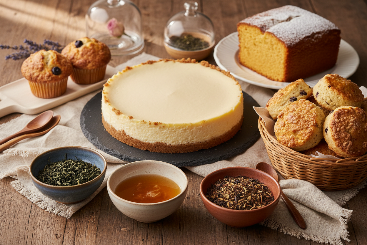 table filled with delicious baked goods and cheesecake infused with teas surrounded by a collection of loose leaf tea blends