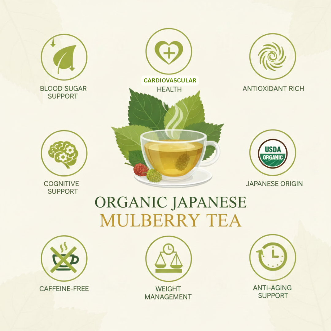 Promotional graphic for Organic Japanese Mulberry Tea with health benefits listed.