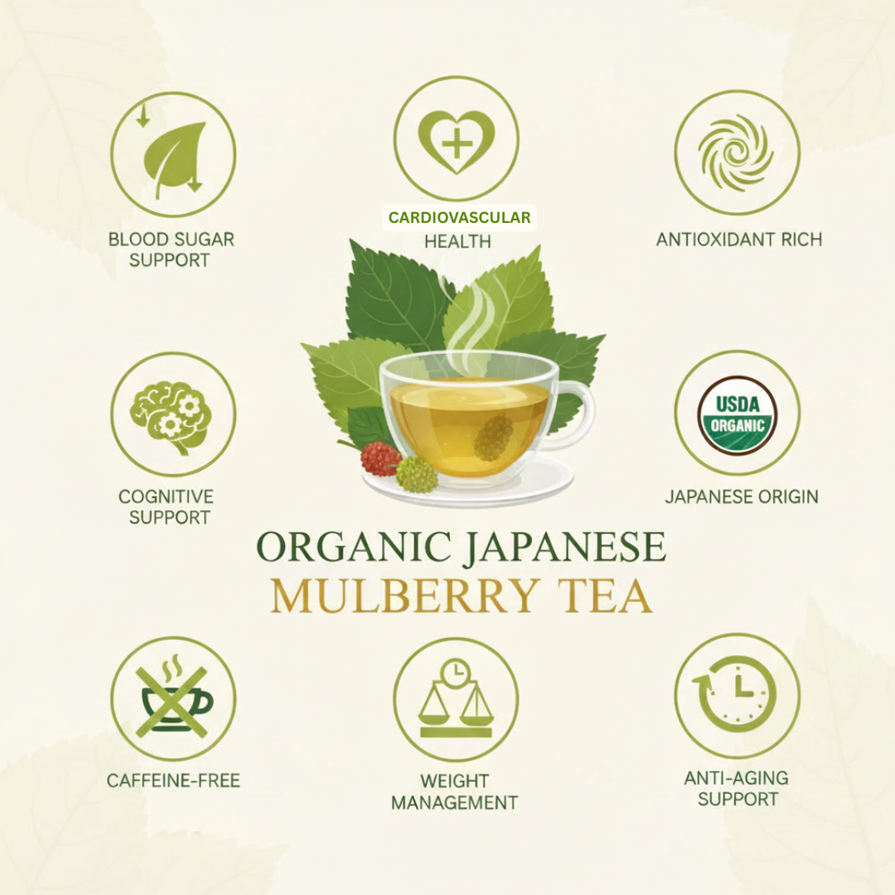 Promotional graphic for Organic Japanese Mulberry Tea with health benefits listed.