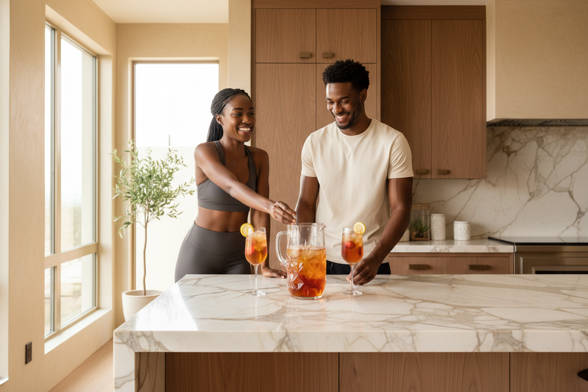 young couple enjoying a glass of iced strawberry bliss tea