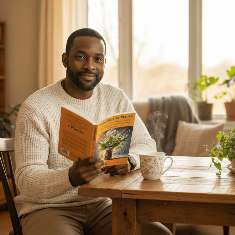 
                    
                      African American man reading thin book with tea
                    
                  