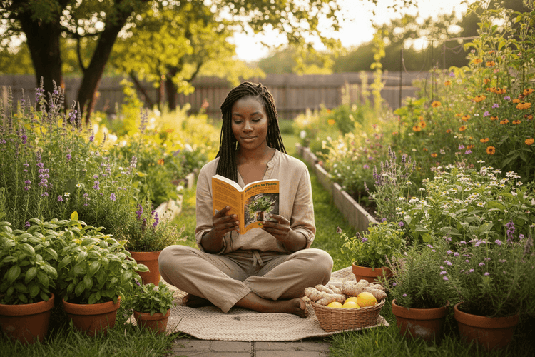 
                    
                      African American person reading thin book in garden
                    
                  
