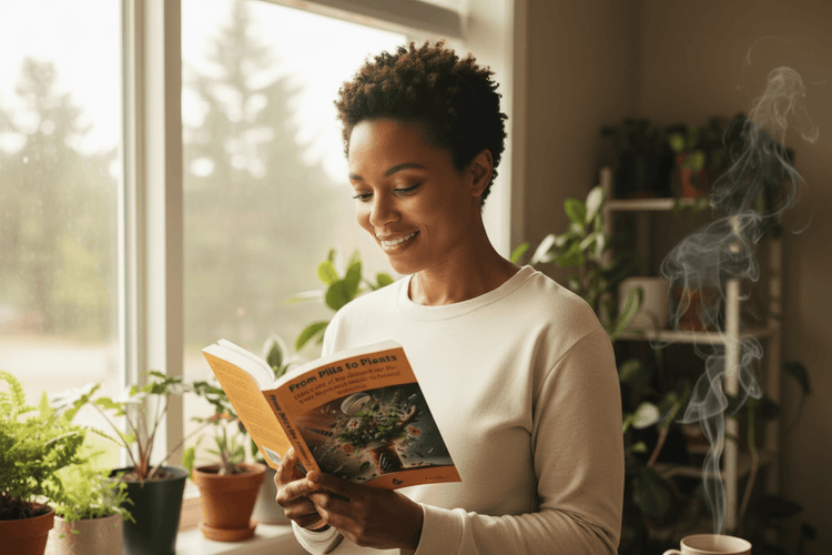
                    
                      African American woman holding thin book by window with plants
                    
                  