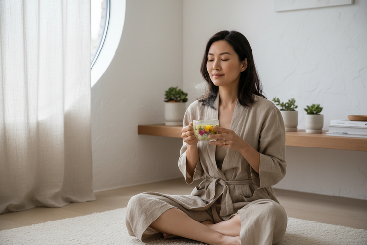 
                    
                      Asian woman enjoying mindful tea moment
                    
                  