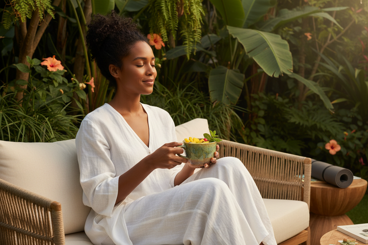 
                    
                      Black woman relaxing with Tropical Delight Green Tea
                    
                  