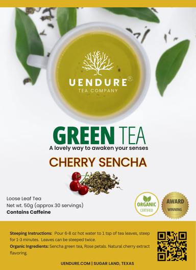 
                    
                      Vendure Tea Company Green Tea Cherry Sencha packaging with tea leaves and cherries.
                    
                  