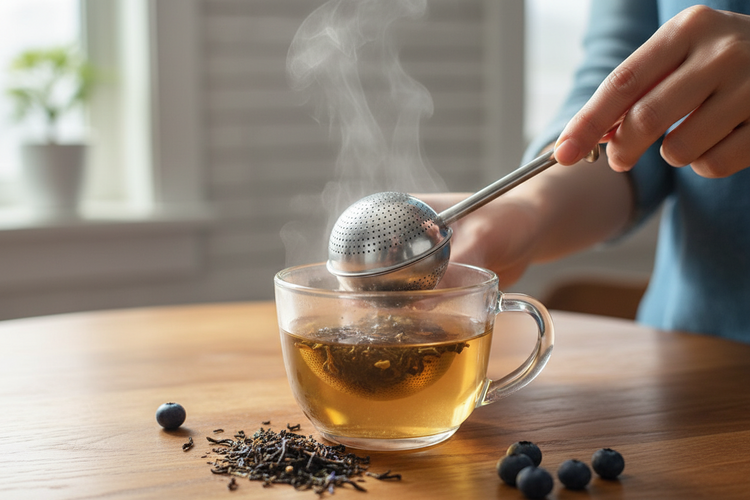 
                    
                      hands placing uendure tea infuser in glass cup
                    
                  