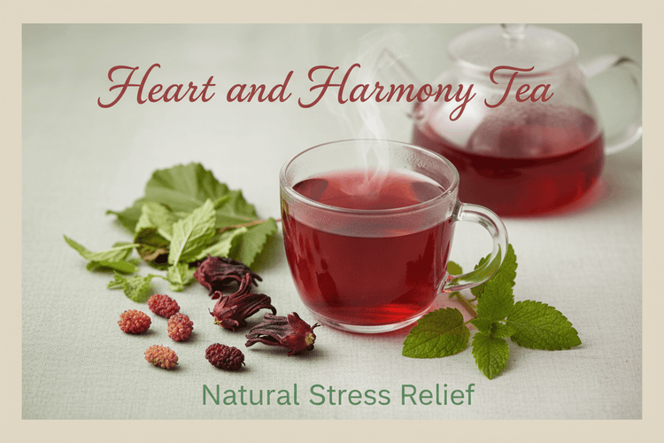 
                    
                      Heart & Harmony Tea in a cup with herbs, an organic herbal tea blend for natural stress relief.
                    
                  