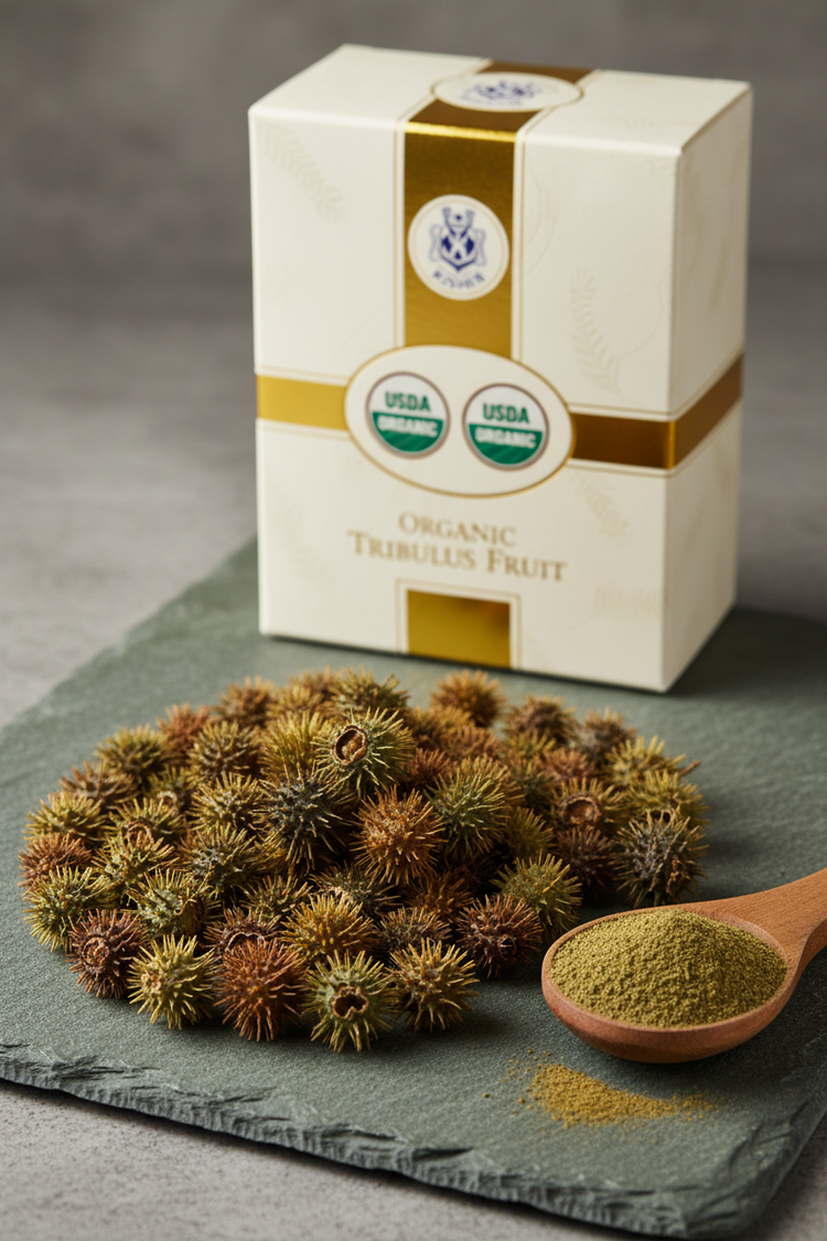 
                    
                      Close-up of organic whole Tribulus fruits with USDA and Kosher certification
                    
                  