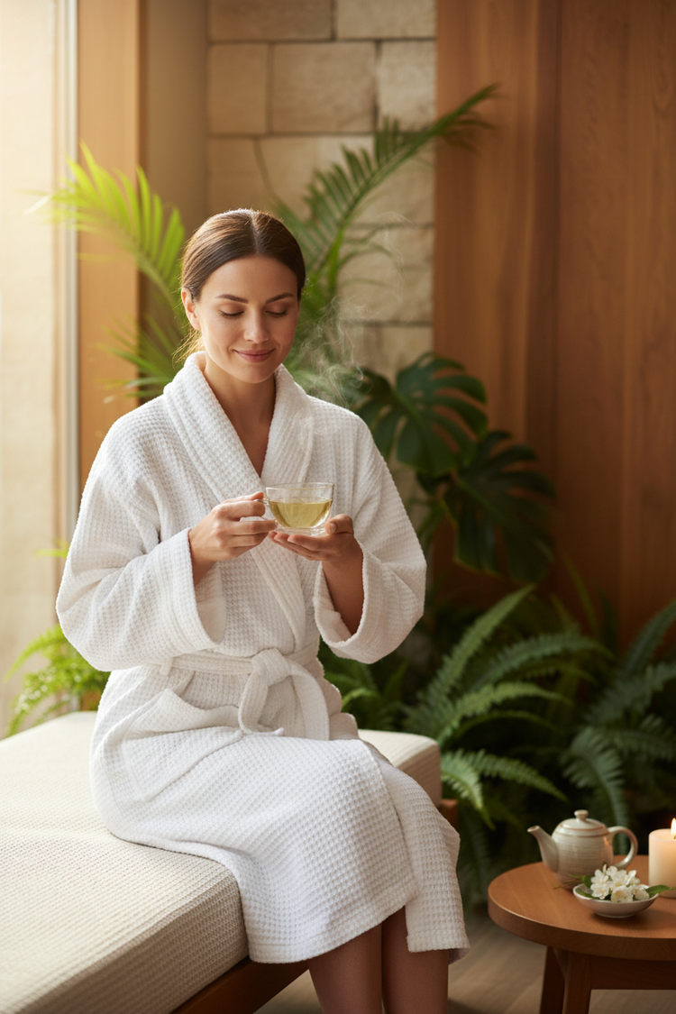 
                    
                      Woman enjoying jasmine green tea in spa-like wellness setting
                    
                  