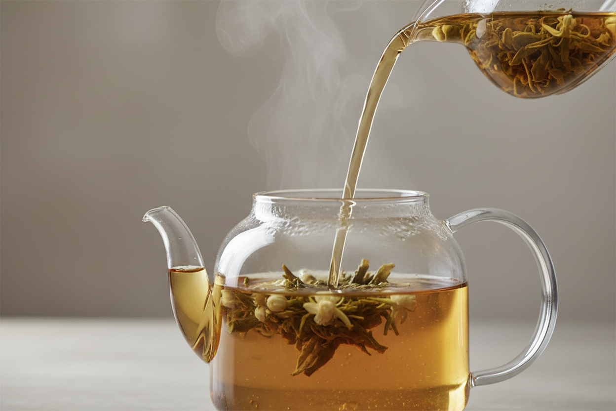 Close-up of organic jasmine green tea being poured into glass teapot