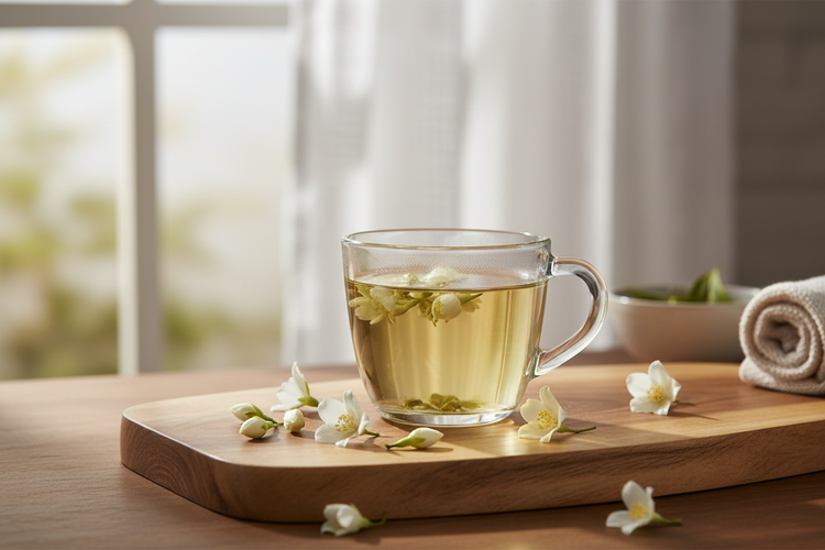 
                    
                      Jasmine tea in teacup with flowers
                    
                  