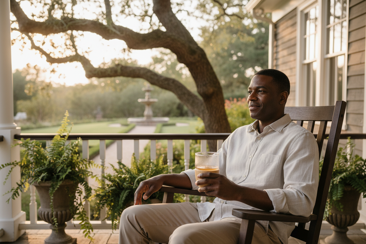 Man on front porch with UENDURE tumbler