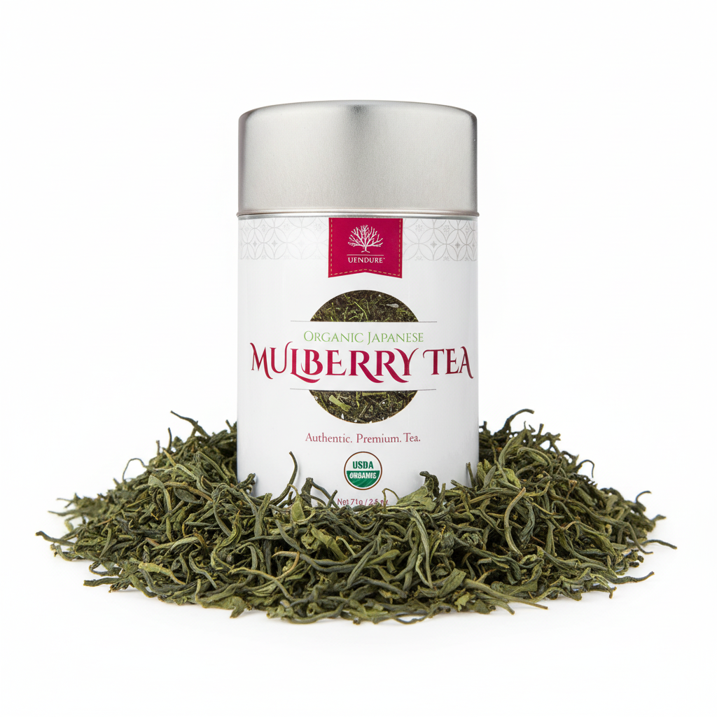 Tea canister labeled 'Mulberry Tea' with loose tea leaves on a white background