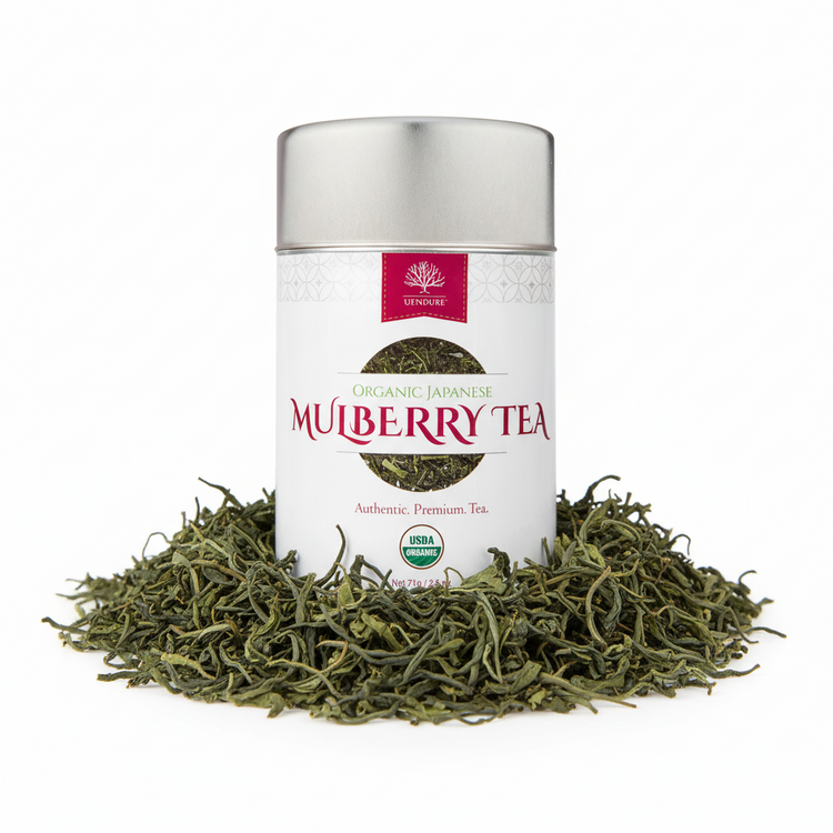 
                    
                      Tea canister labeled 'Mulberry Tea' with loose tea leaves on a white background
                    
                  