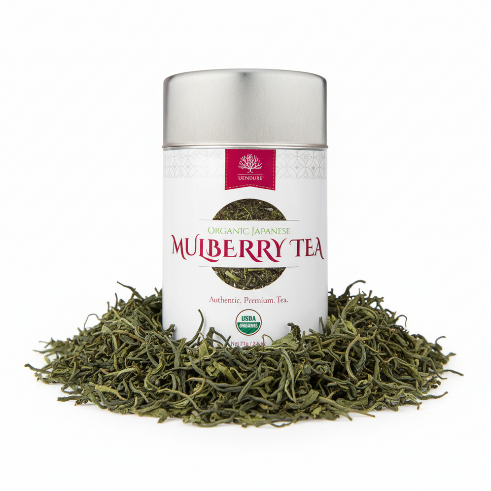 Tea canister labeled 'Mulberry Tea' with loose tea leaves on a white background