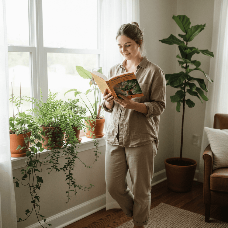 
                    
                      Person holding book by window with plants
                    
                  