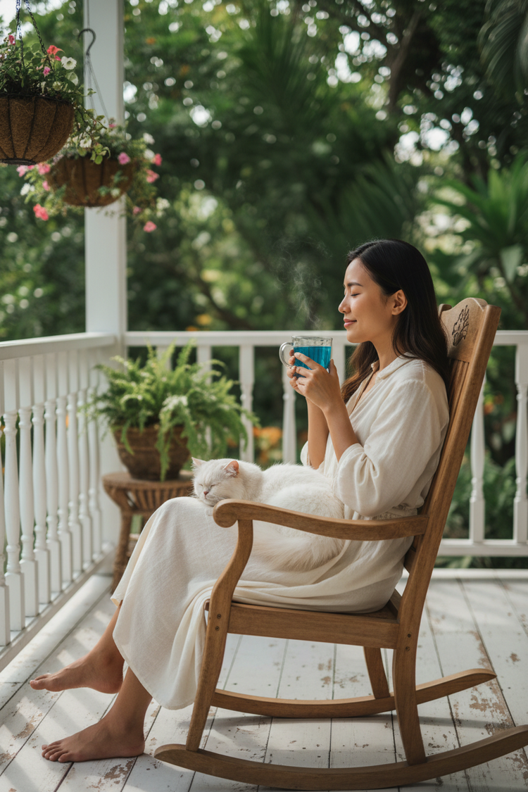 
                    
                      a girl sitting on a chair with a cup of tea
                    
                  