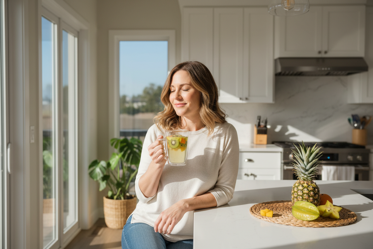 White woman enjoying Tropical Delight Green Tea