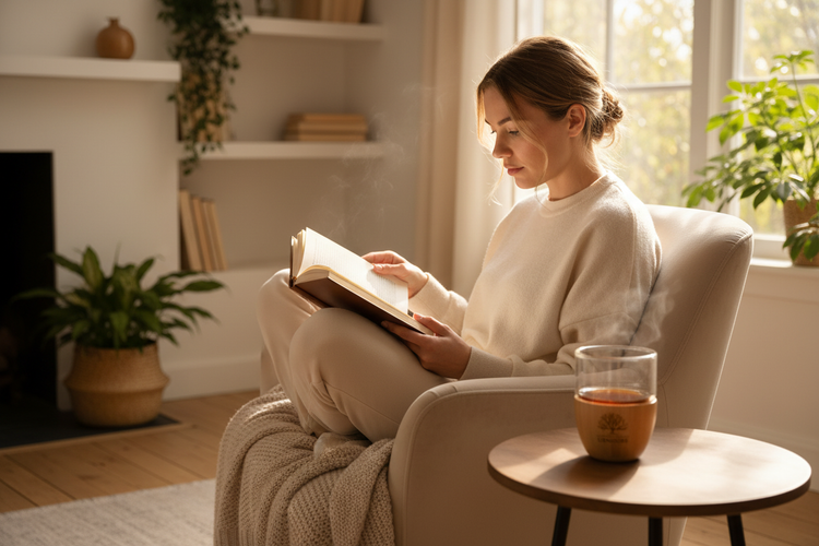 
                    
                      Woman in armchair with UENDURE tumbler
                    
                  
