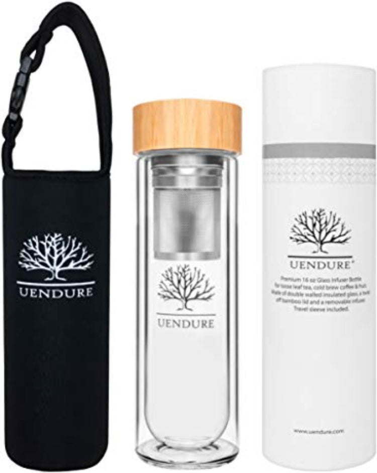 
                    
                      UENDURE Glass tea infuser bottle with Bamboo top lid and extra neoprene sleeve 18 oz capacity
                    
                  