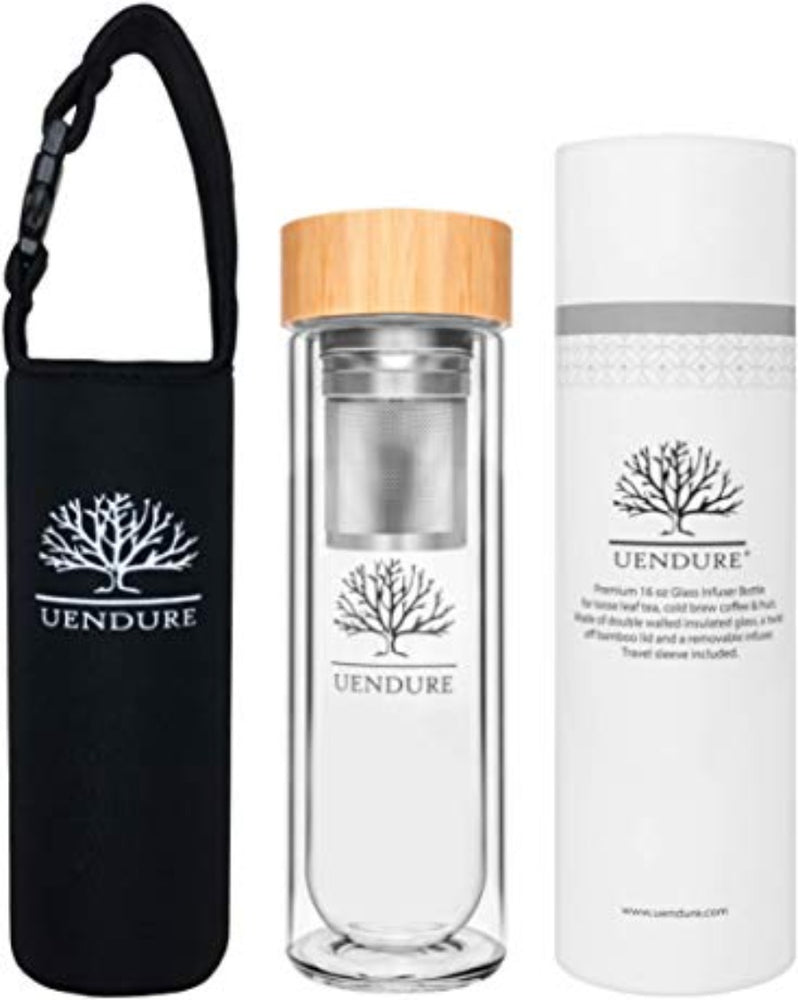 UENDURE Glass tea infuser bottle with Bamboo top lid and extra neoprene sleeve 18 oz capacity